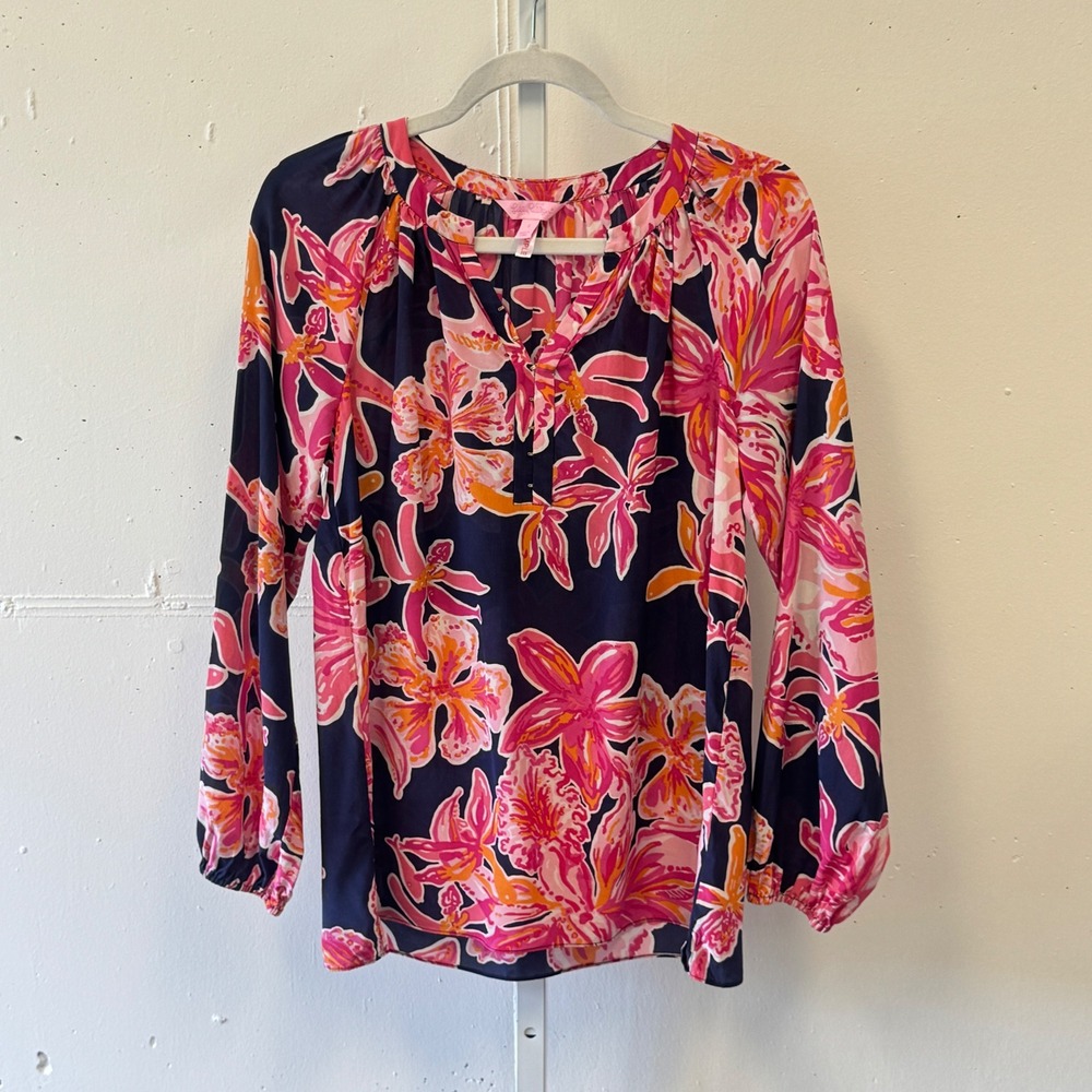 Lilly Pulitzer Silk Floral Orchid Print Blouse Navy Pink Long Sleeve Small Boho